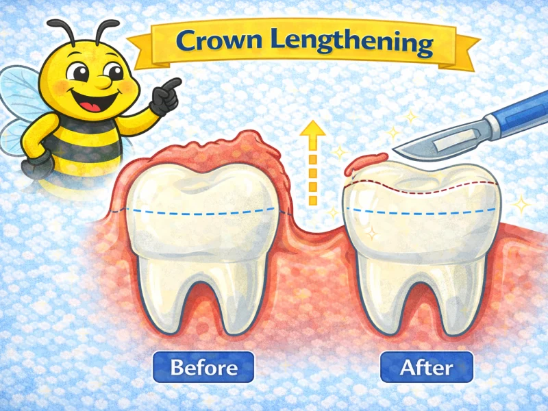 Illustration comparing a tooth before and after crown lengthening