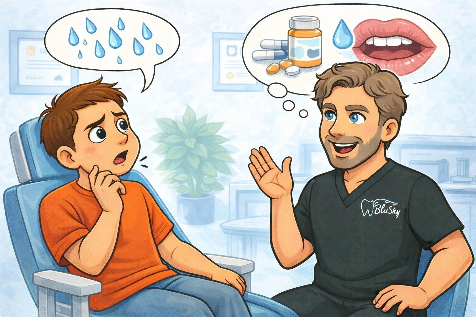 BluSky illustration of discussing dry mouth and medication history