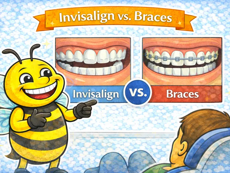 Illustration comparing removable aligners with fixed braces