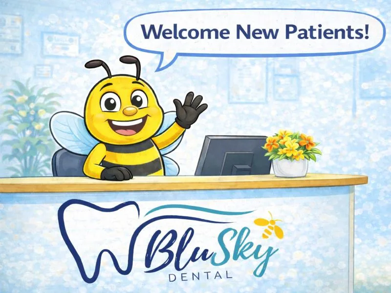 BluSky welcome illustration with its bee mascot