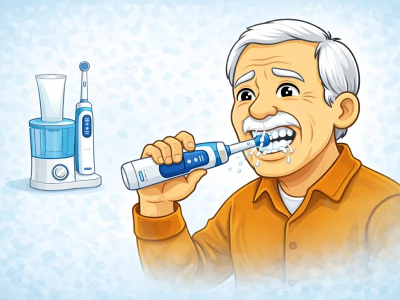 Illustration of an older adult brushing their teeth